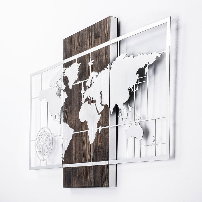 Wallity World Map With Compass - Silver